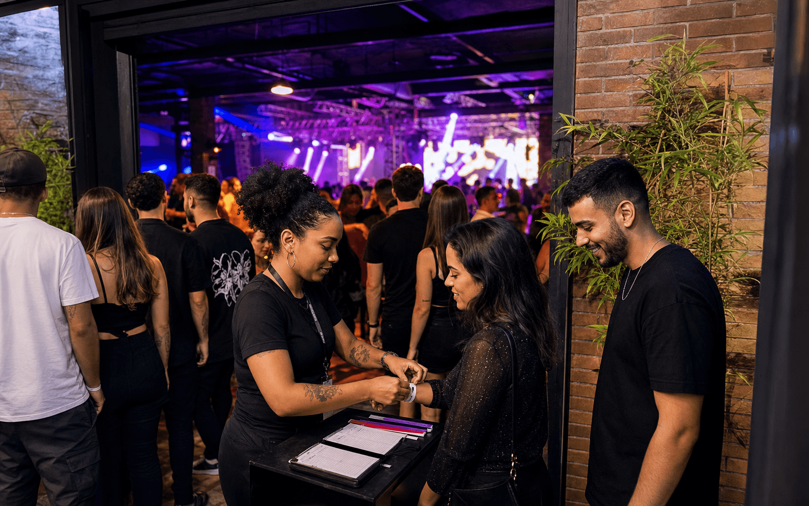 Pessoas fazendo check-in na portaria de uma festa com pista iluminada ao fundo