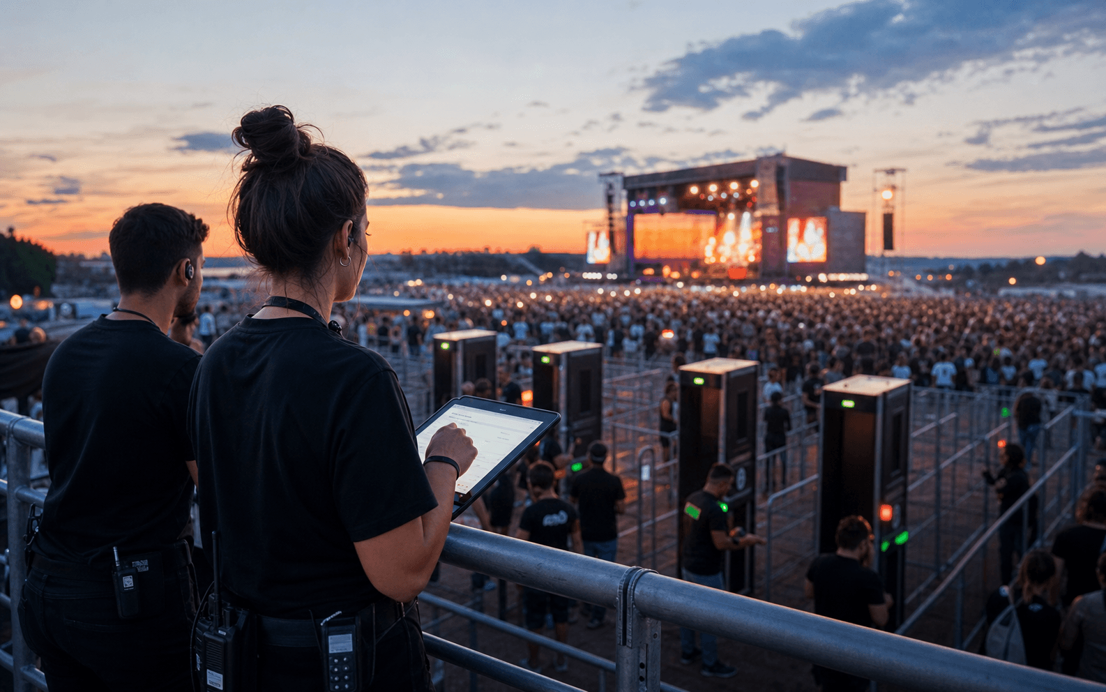 Multidão em festival de música com palco iluminado